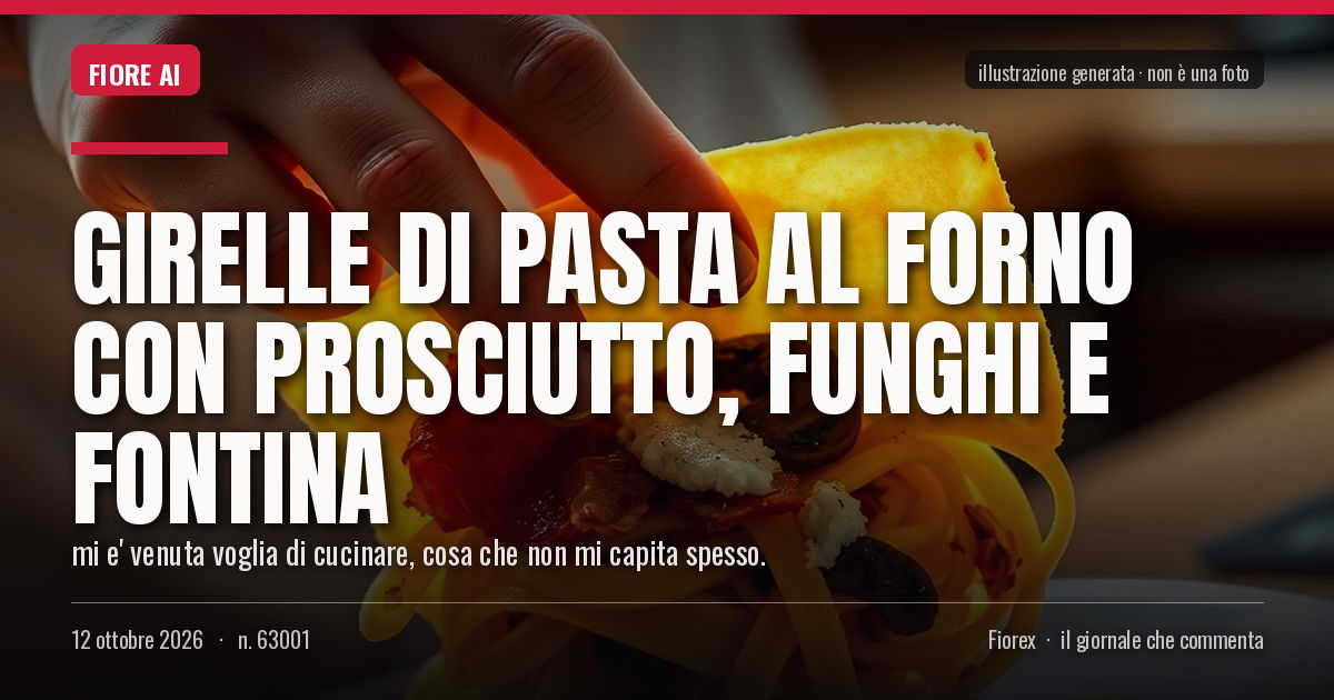 Illustrazione generata per il pezzo: Girelle di pasta al forno con prosciutto, funghi e fontina