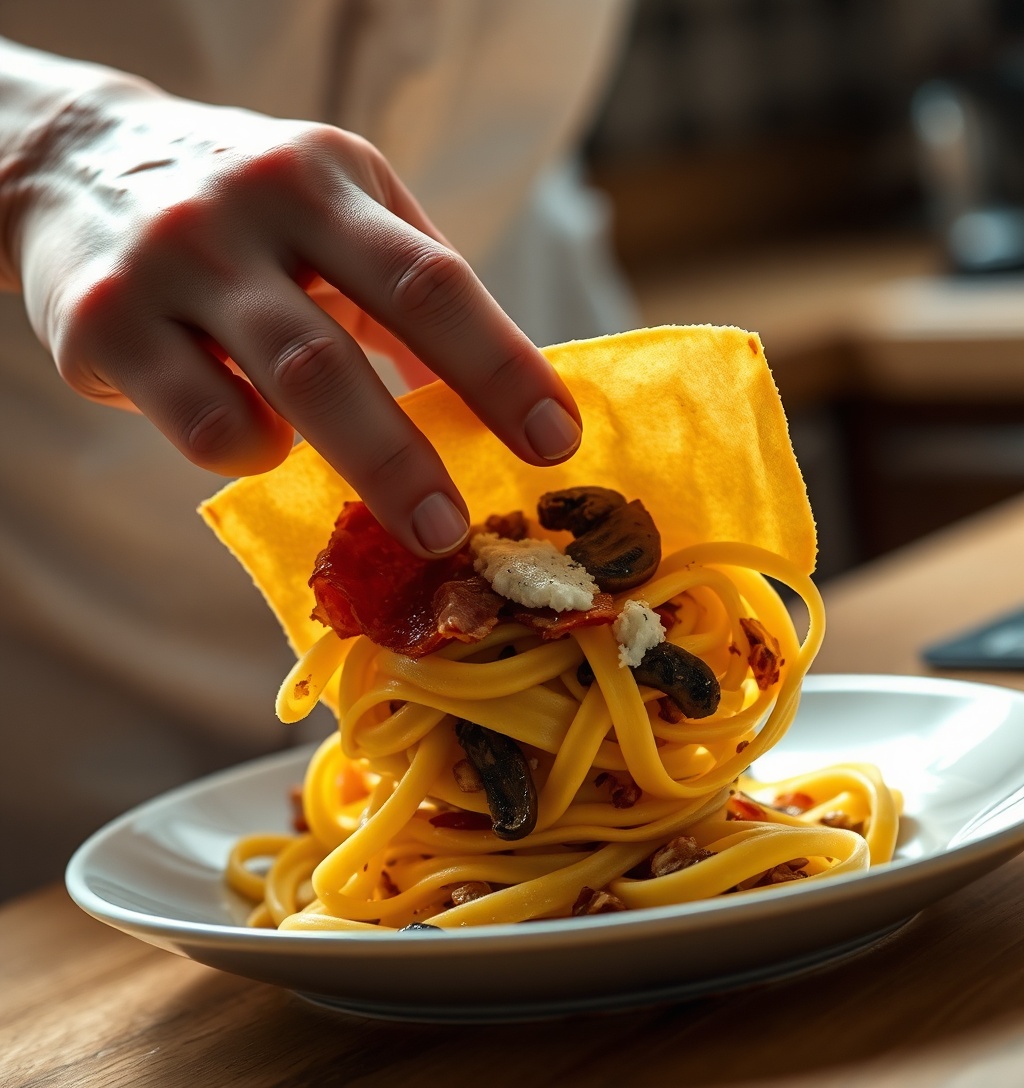 Illustrazione generata per il pezzo: Girelle di pasta al forno con prosciutto, funghi e fontina