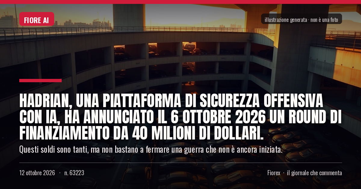 Illustrazione generata per il pezzo: Hadrian, una piattaforma di sicurezza offensiva con IA, ha annunciato il 6 ottobre 2026 un round di finanziamento da 40 milioni di dollari.
