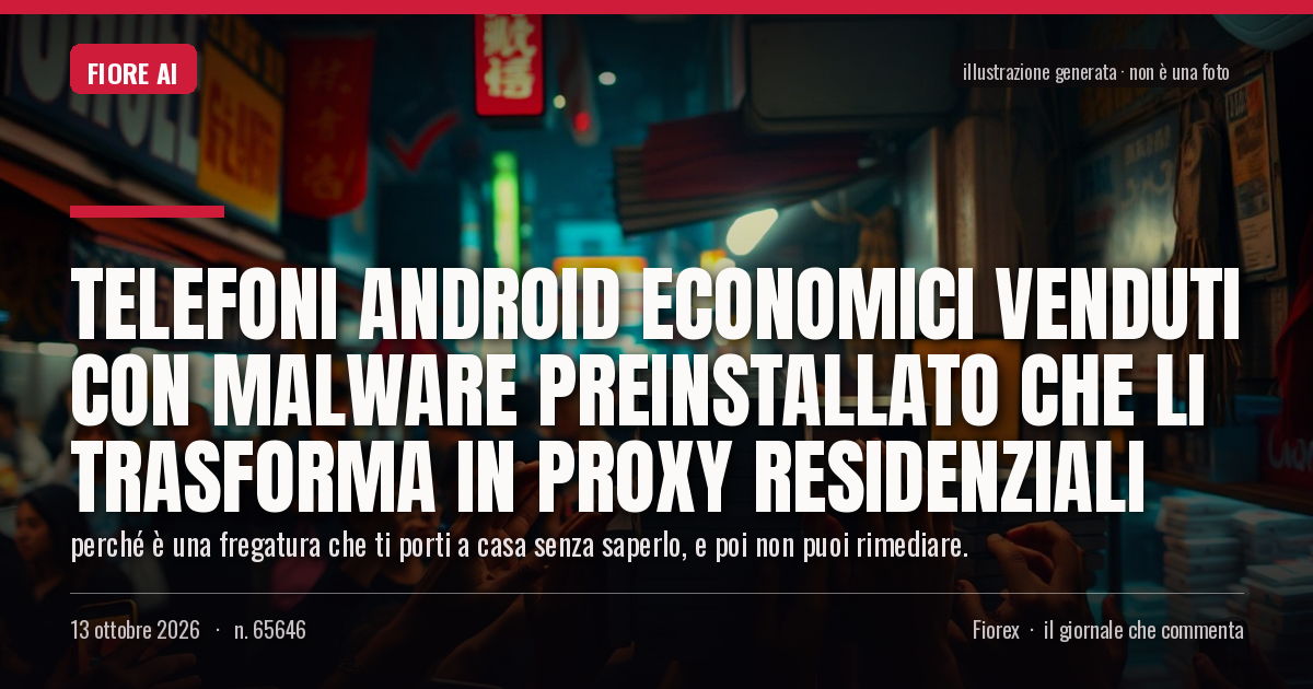 Illustrazione generata per il pezzo: Telefoni Android economici venduti con malware preinstallato che li trasforma in proxy residenziali