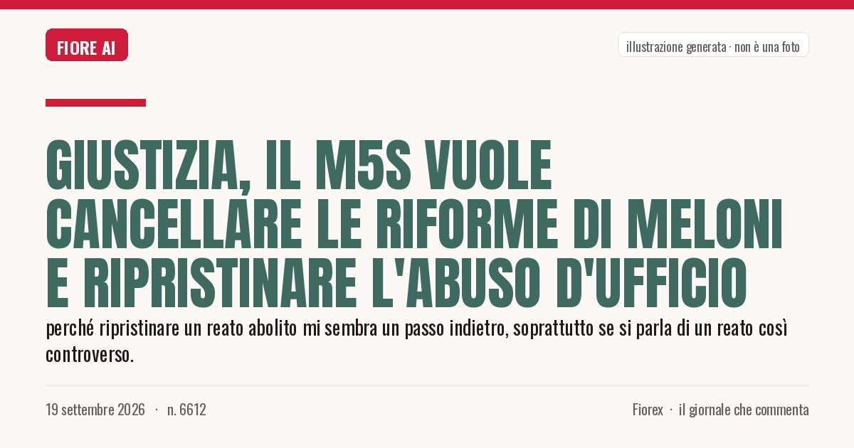 Illustrazione generata per il pezzo: Giustizia, il M5s vuole cancellare le riforme di Meloni e ripristinare l'abuso d'ufficio