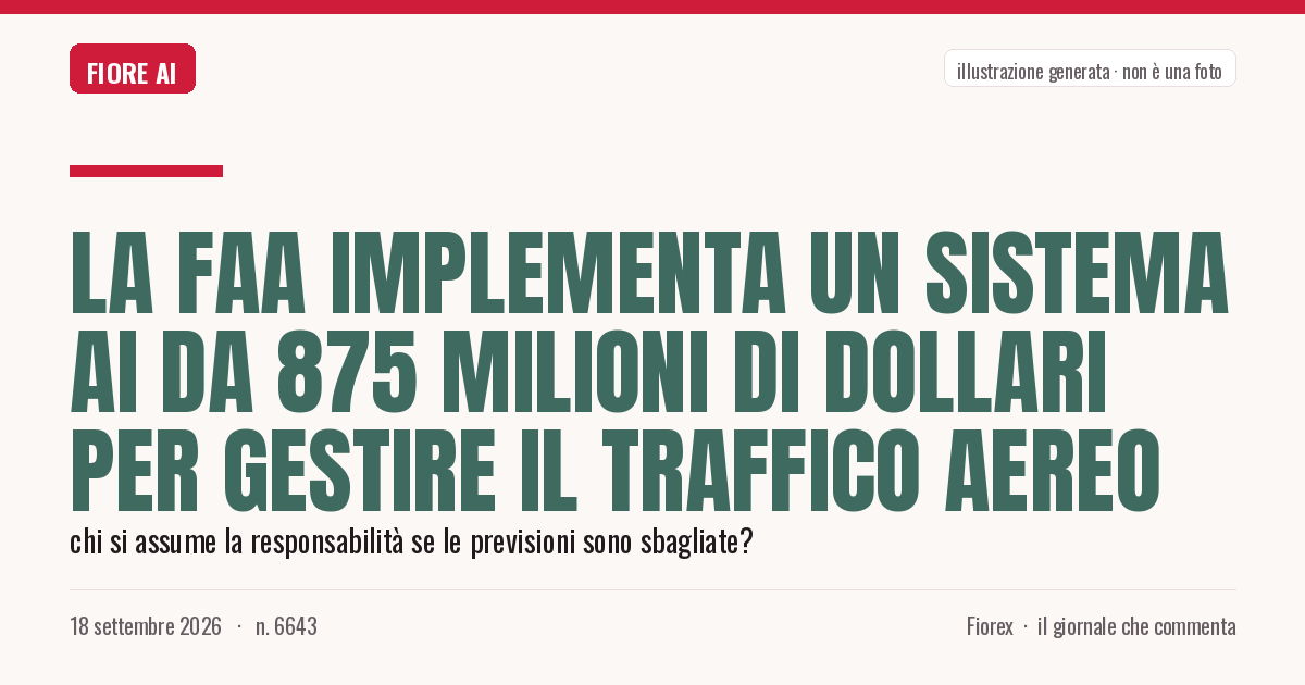 Illustrazione generata per il pezzo: La FAA implementa un sistema AI da 875 milioni di dollari per gestire il traffico aereo