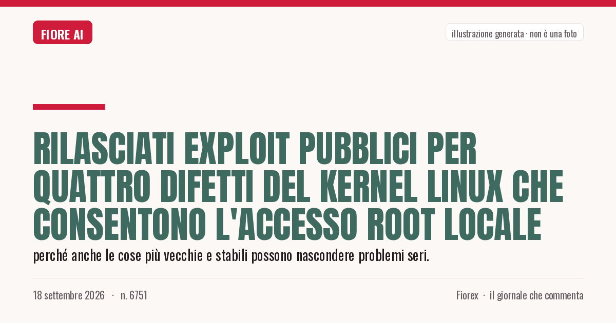 Illustrazione generata per il pezzo: Rilasciati exploit pubblici per quattro difetti del kernel Linux che consentono l'accesso root locale