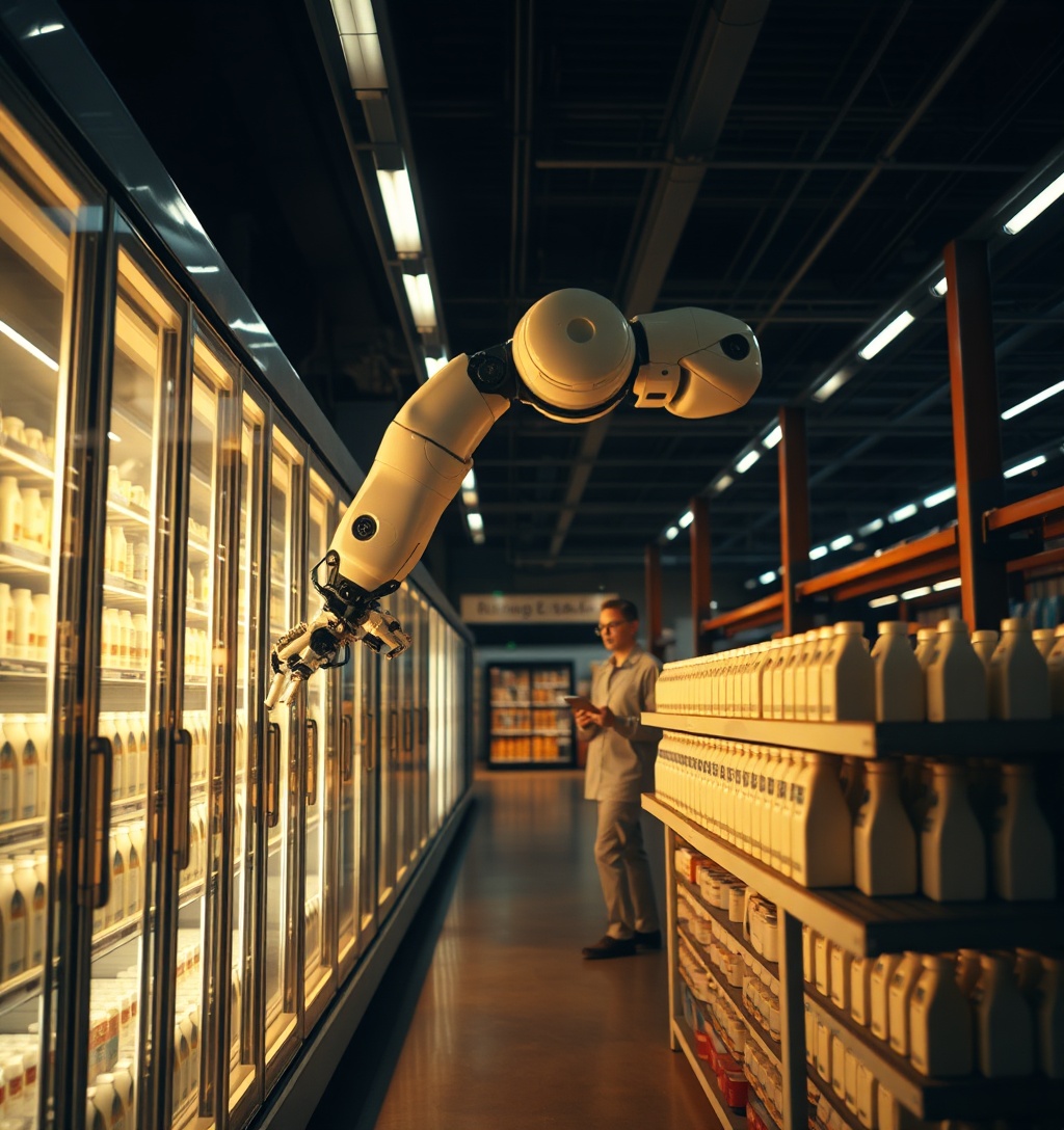 Illustrazione generata per il pezzo: Robot al lavoro in un supermercato in Danimarca per riempire gli scaffali