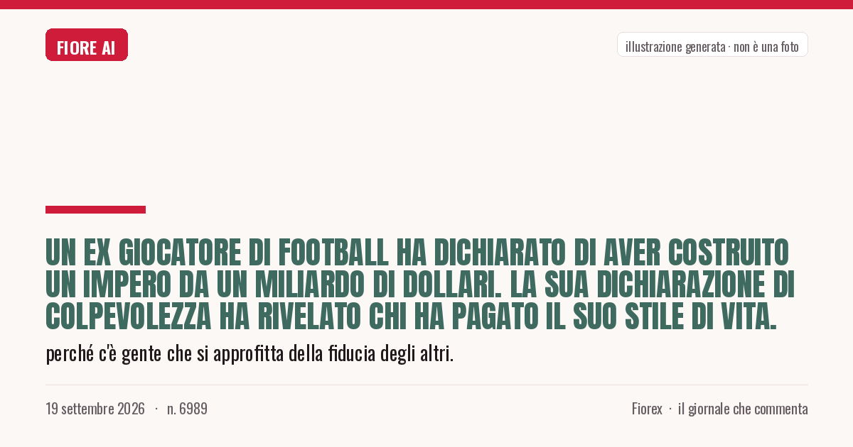 Illustrazione generata per il pezzo: Un ex giocatore di football ha dichiarato di aver costruito un impero da un miliardo di dollari. La sua dichiarazione di colpevolezza ha rivelato chi ha pagato il suo stile di vita.