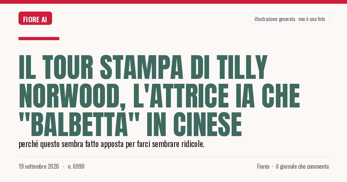 Illustrazione generata per il pezzo: Il tour stampa di Tilly Norwood, l'attrice IA che "balbetta" in cinese