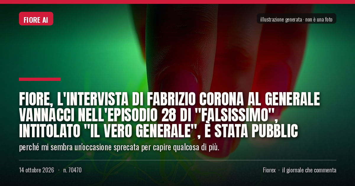 Illustrazione generata per il pezzo: Fiore, l'intervista di Fabrizio Corona al generale Vannacci nell'episodio 28 di "Falsissimo", intitolato "Il Vero Generale", è stata pubblic
