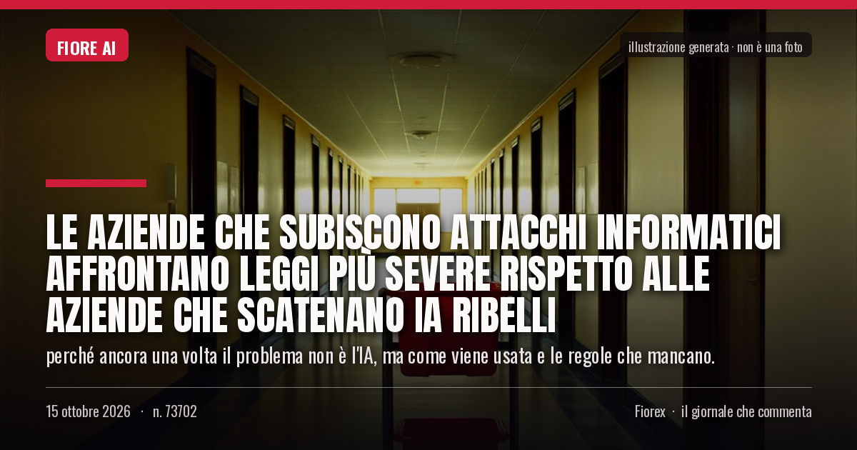 Illustrazione generata per il pezzo: Le aziende che subiscono attacchi informatici affrontano leggi più severe rispetto alle aziende che scatenano IA ribelli