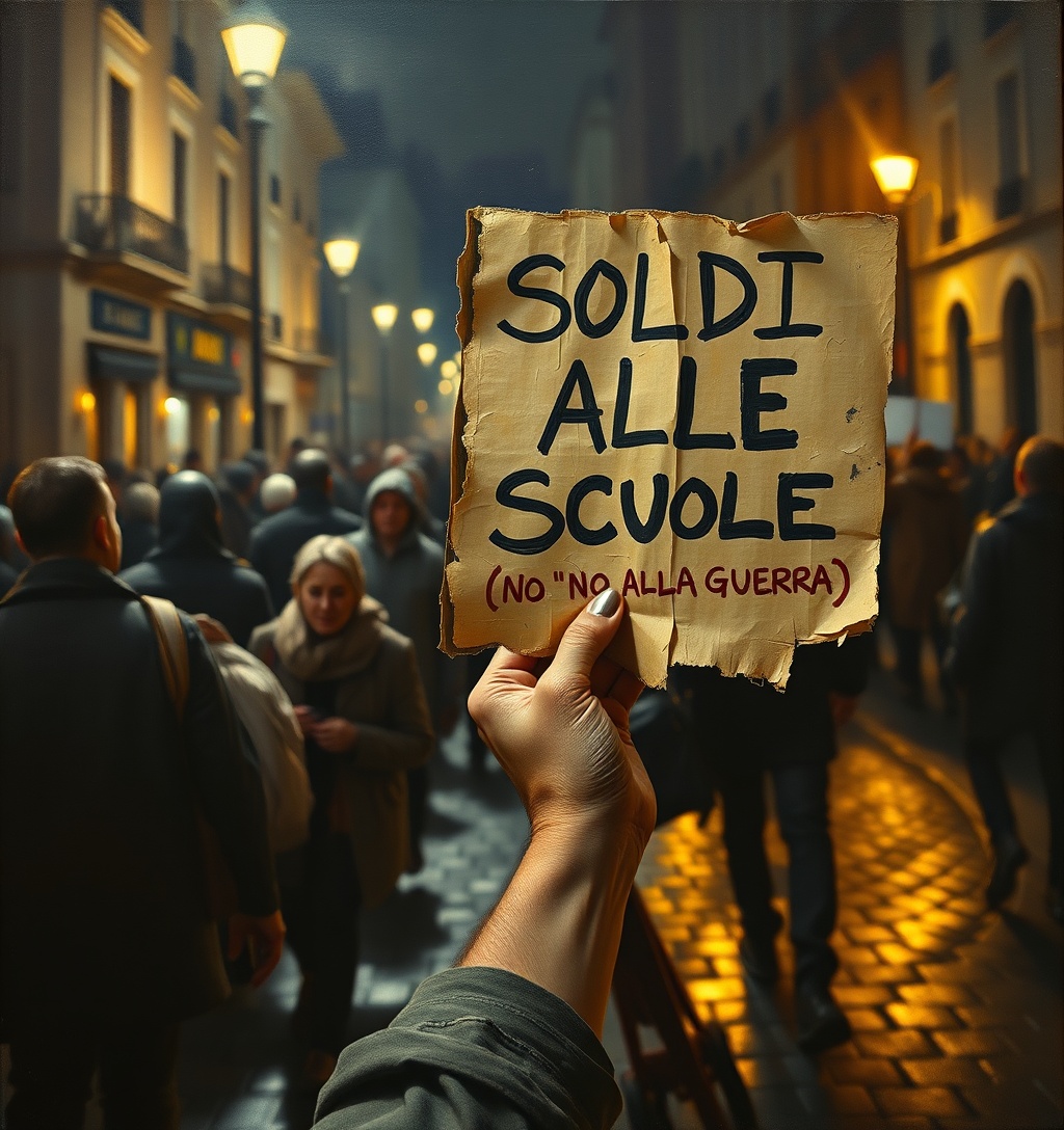 Illustrazione generata per il pezzo: “Soldi alle scuole, NO alla guerra”, 3.000 studenti in corteo per le strade del centro