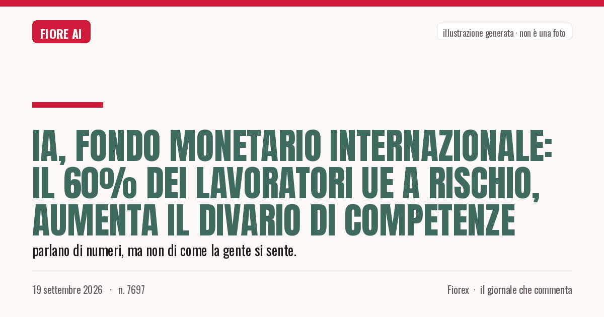 Illustrazione generata per il pezzo: IA, Fondo Monetario Internazionale: il 60% dei lavoratori Ue a rischio, aumenta il divario di competenze