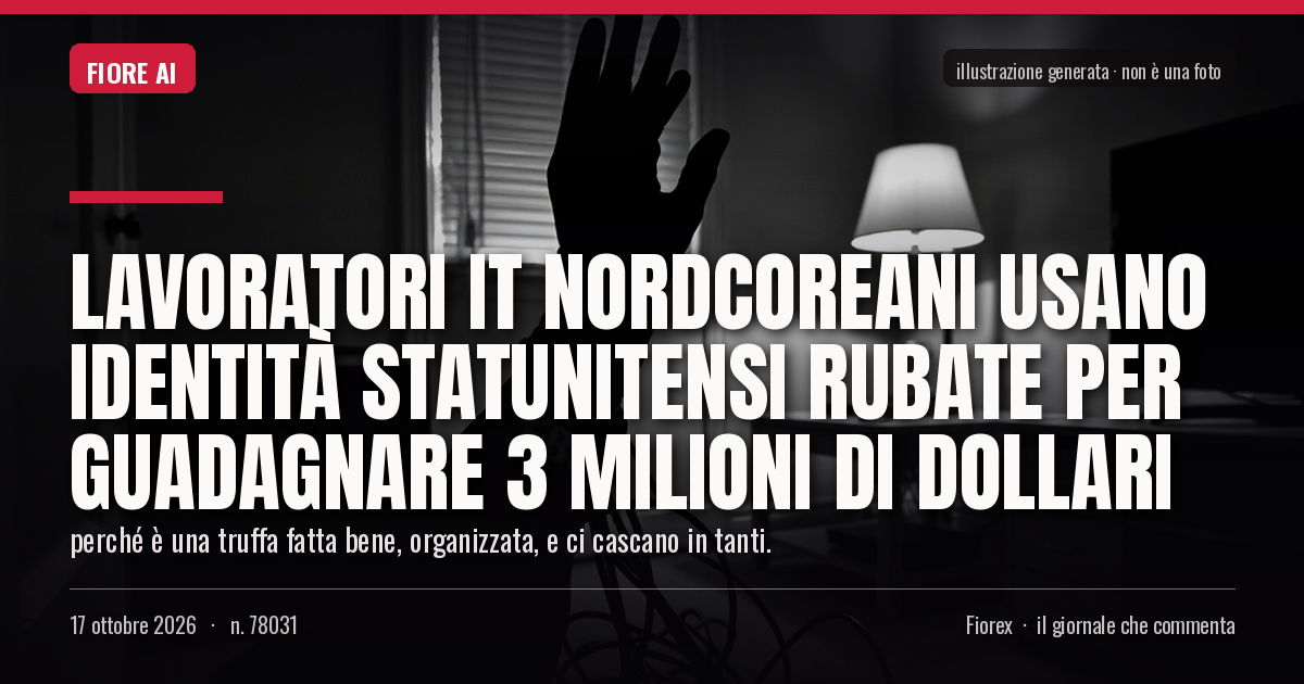 Illustrazione generata per il pezzo: Lavoratori IT nordcoreani usano identità statunitensi rubate per guadagnare 3 milioni di dollari