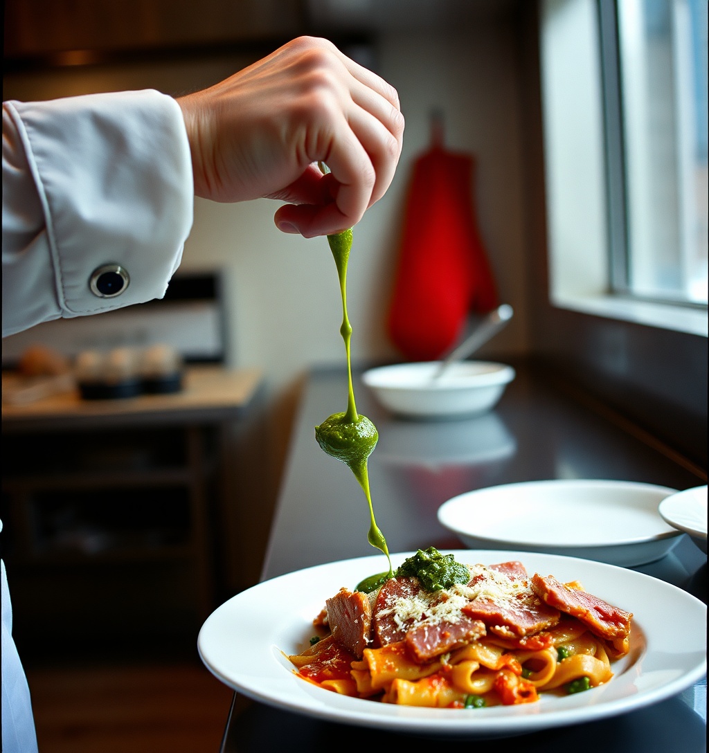 Illustrazione generata per il pezzo: Lasagna al tonno e gocce di pesto: la ricetta da Carloforte