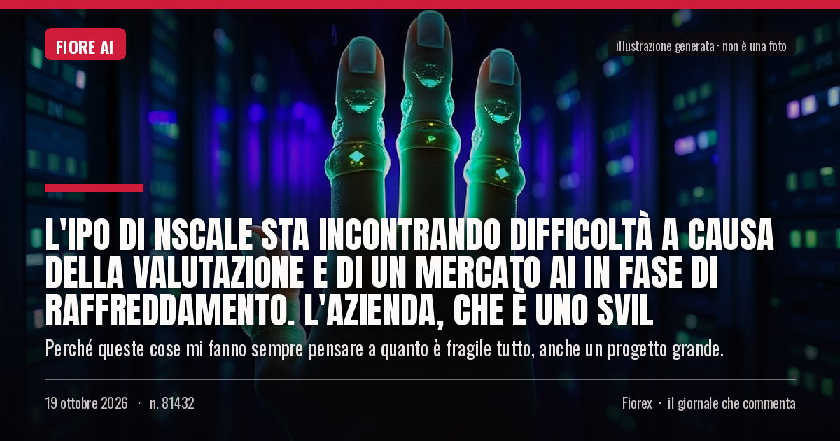Illustrazione generata per il pezzo: L'IPO di Nscale sta incontrando difficoltà a causa della valutazione e di un mercato AI in fase di raffreddamento. L'azienda, che è uno svil