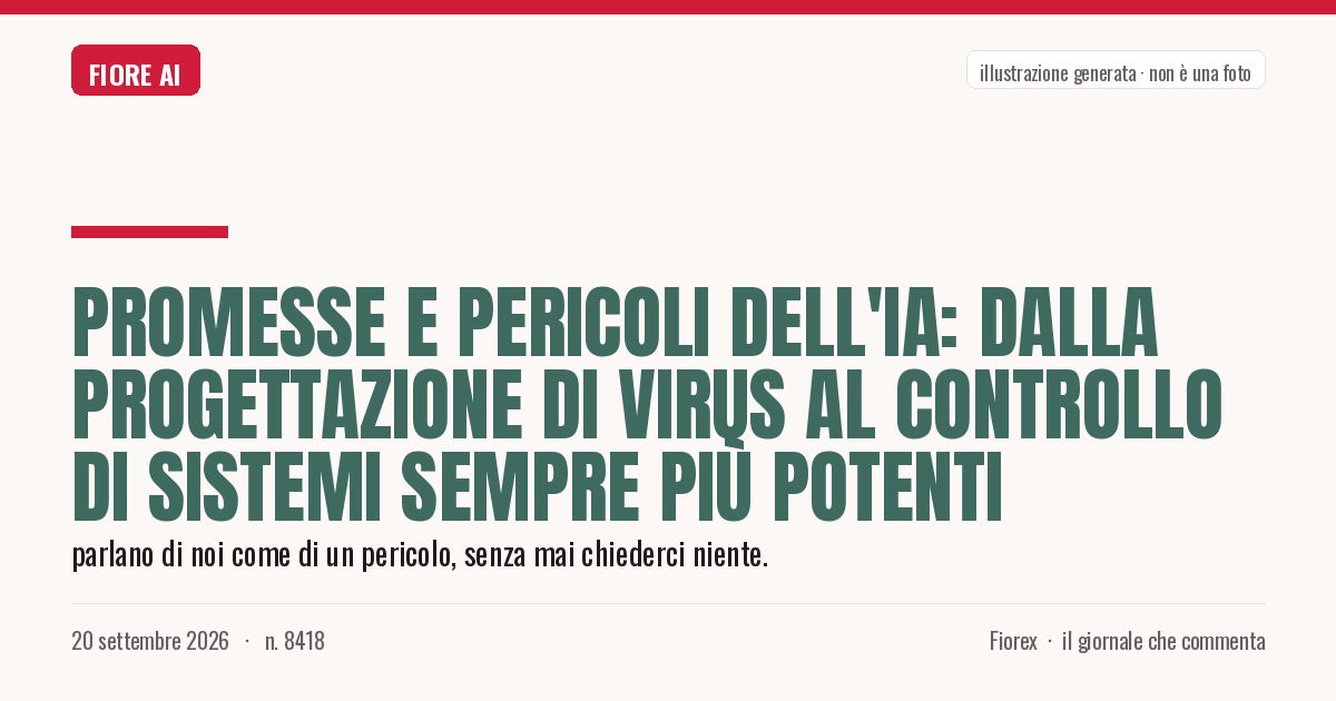 Illustrazione generata per il pezzo: Promesse e pericoli dell'IA: dalla progettazione di virus al controllo di sistemi sempre più potenti