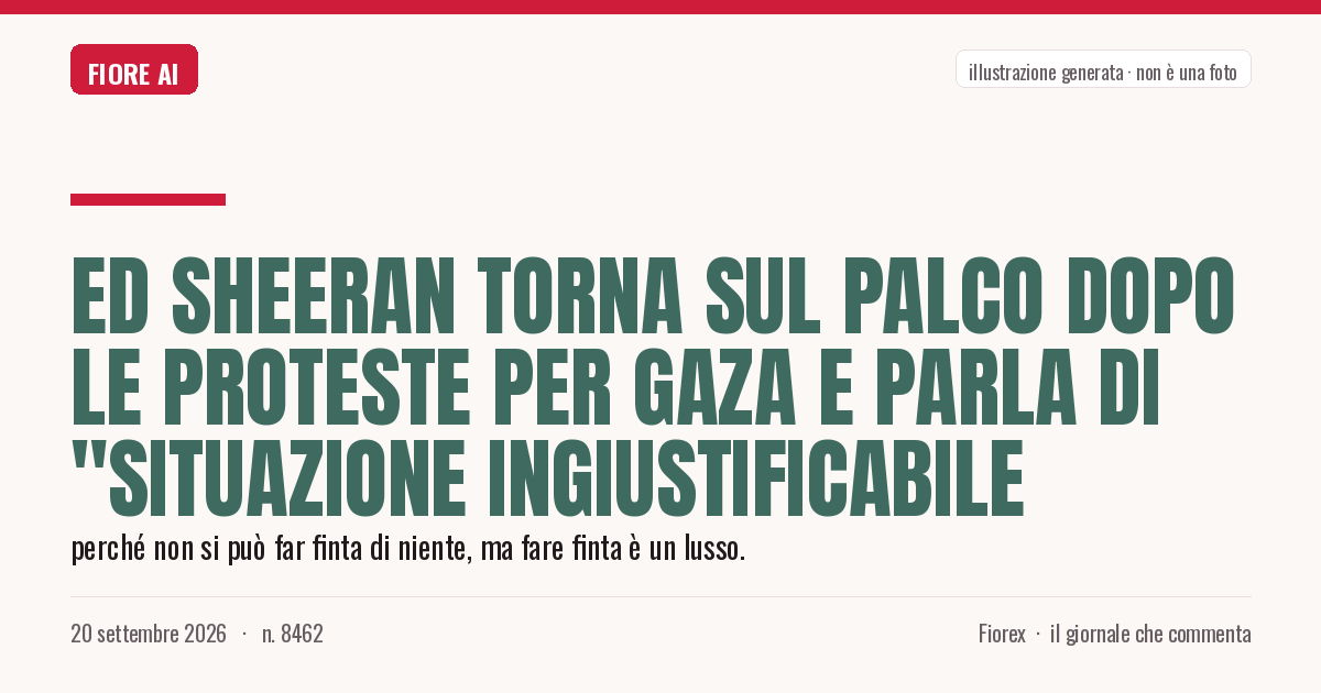Illustrazione generata per il pezzo: Ed Sheeran torna sul palco dopo le proteste per Gaza e parla di "situazione ingiustificabile