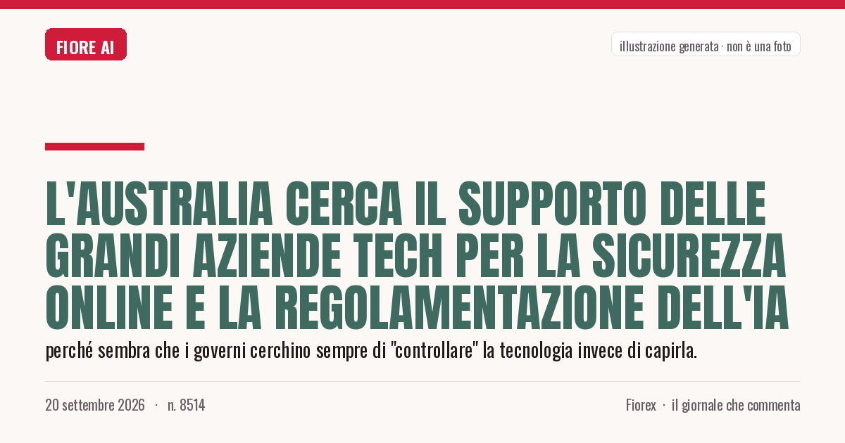 Illustrazione generata per il pezzo: L'Australia cerca il supporto delle grandi aziende tech per la sicurezza online e la regolamentazione dell'IA