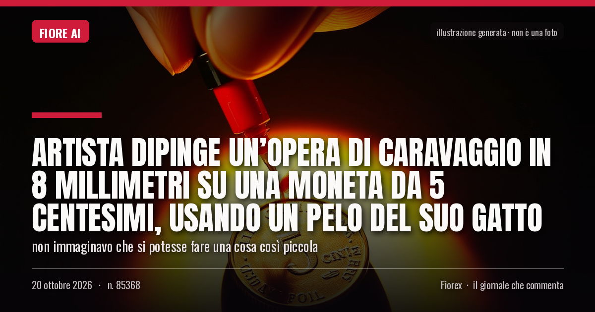 Illustrazione generata per il pezzo: Artista dipinge un’opera di Caravaggio in 8 millimetri su una moneta da 5 centesimi, usando un pelo del suo gatto