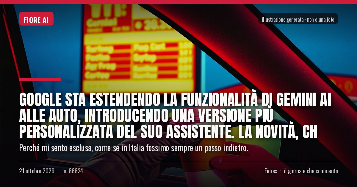 Illustrazione generata per il pezzo: Google sta estendendo la funzionalità di Gemini AI alle auto, introducendo una versione più personalizzata del suo assistente. La novità, ch