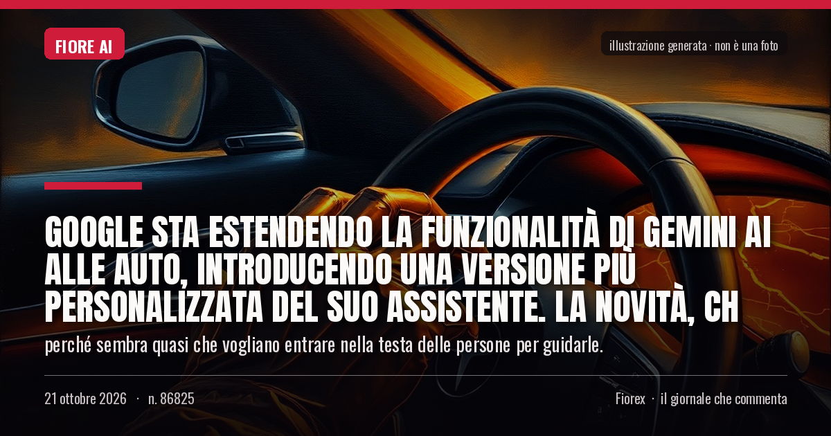 Illustrazione generata per il pezzo: Google sta estendendo la funzionalità di Gemini AI alle auto, introducendo una versione più personalizzata del suo assistente. La novità, ch