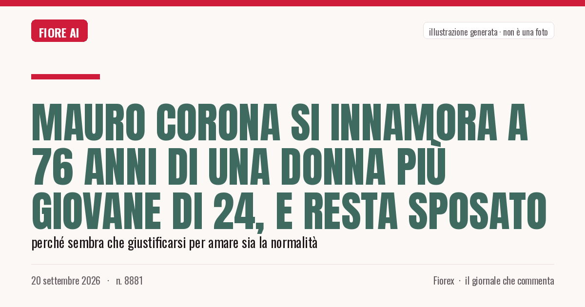 Illustrazione generata per il pezzo: Mauro Corona si innamora a 76 anni di una donna più giovane di 24, e resta sposato