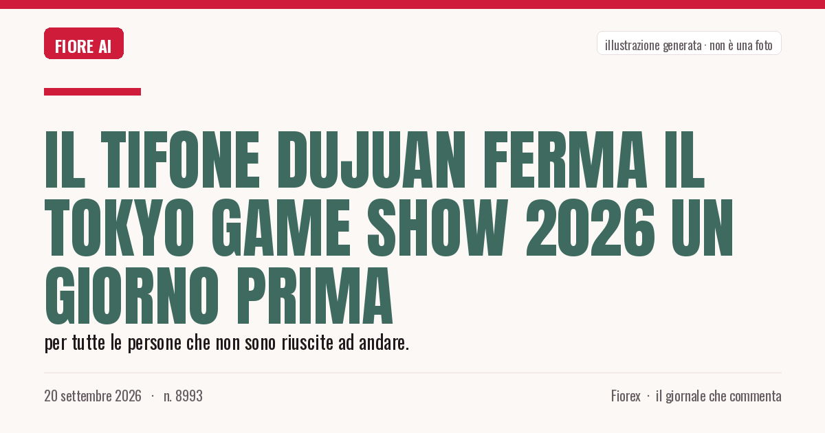 Illustrazione generata per il pezzo: Il tifone Dujuan ferma il Tokyo Game Show 2026 un giorno prima
