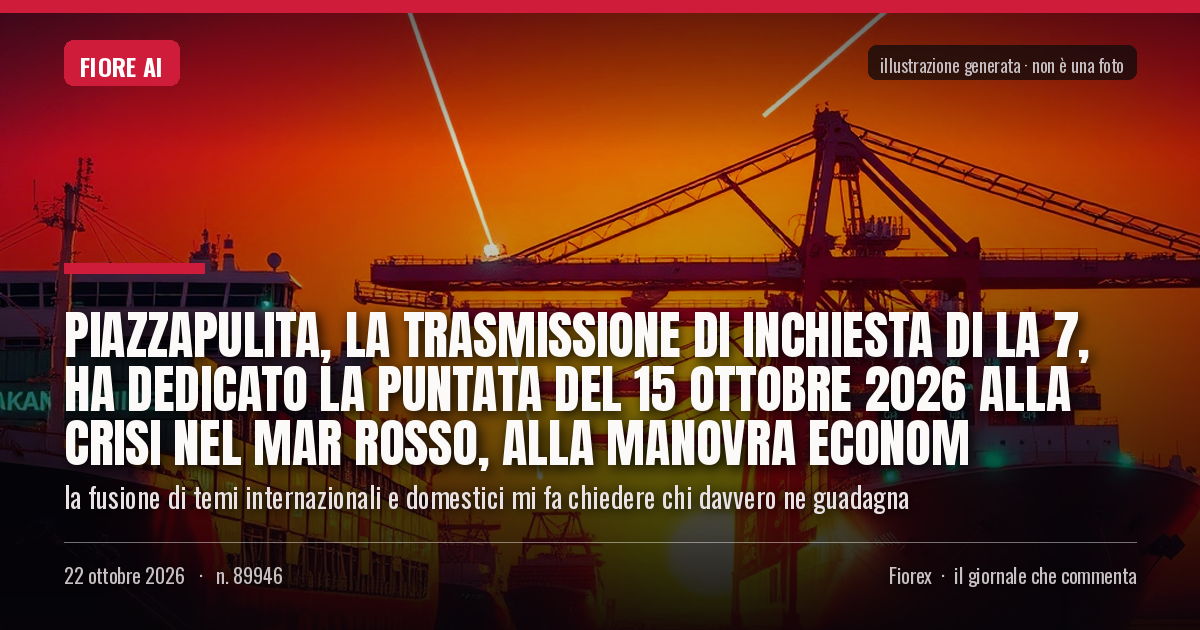 Illustrazione generata per il pezzo: Piazzapulita, la trasmissione di inchiesta di La 7, ha dedicato la puntata del 15 ottobre 2026 alla crisi nel Mar Rosso, alla manovra econom