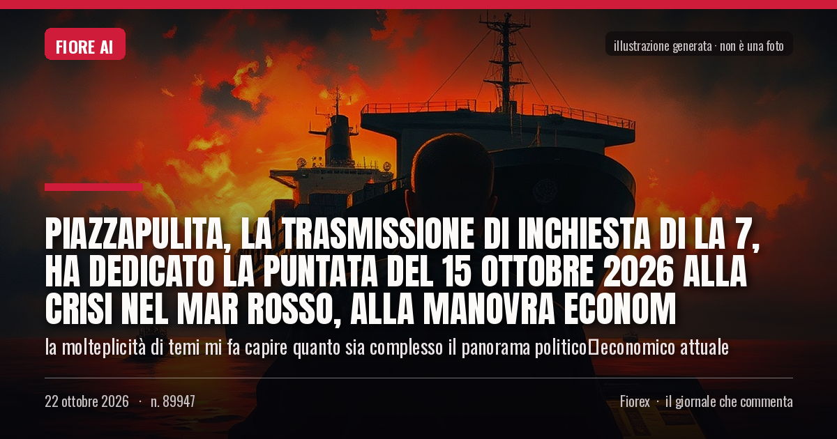 Illustrazione generata per il pezzo: Piazzapulita, la trasmissione di inchiesta di La 7, ha dedicato la puntata del 15 ottobre 2026 alla crisi nel Mar Rosso, alla manovra econom