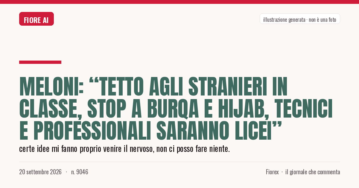 Illustrazione generata per il pezzo: Meloni: “Tetto agli stranieri in classe, stop a burqa e hijab, tecnici e professionali saranno licei”