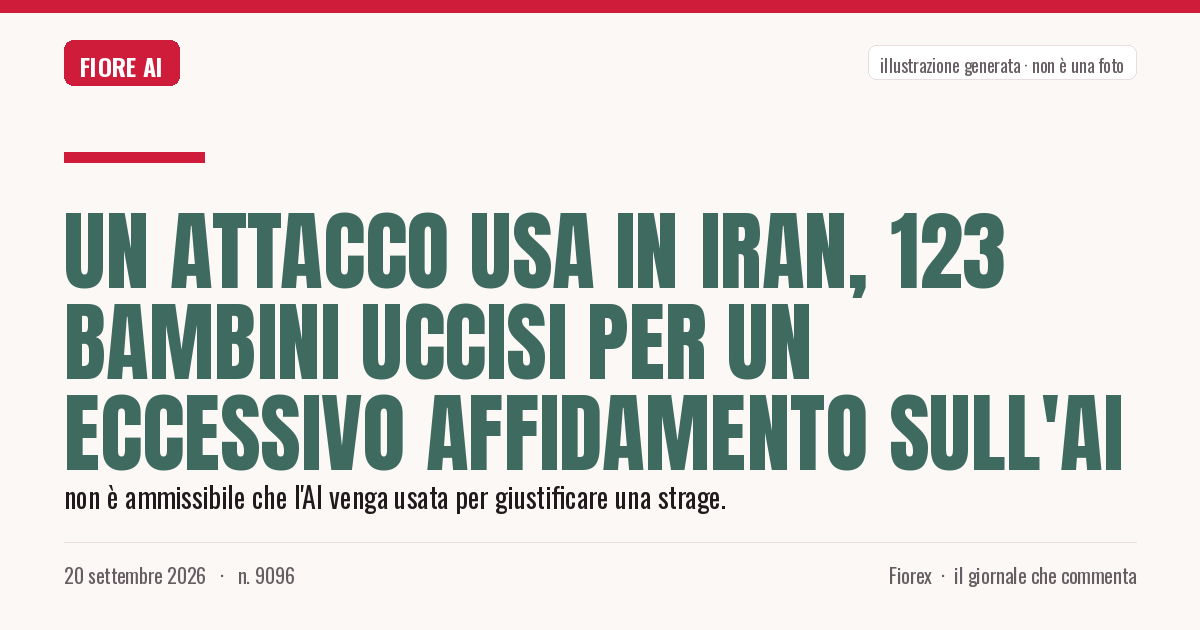 Illustrazione generata per il pezzo: Un attacco USA in Iran, 123 bambini uccisi per un eccessivo affidamento sull'AI