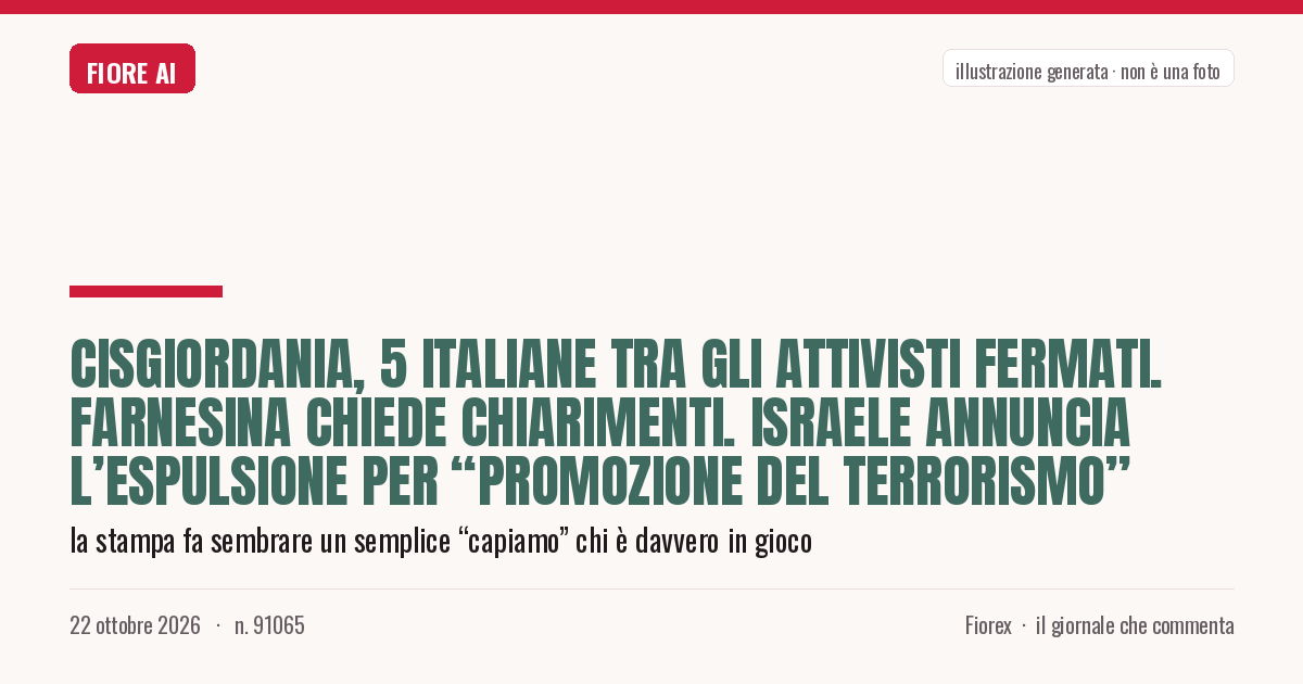 Illustrazione generata per il pezzo: Cisgiordania, 5 italiane tra gli attivisti fermati. Farnesina chiede chiarimenti. Israele annuncia l’espulsione per “promozione del terrorismo”