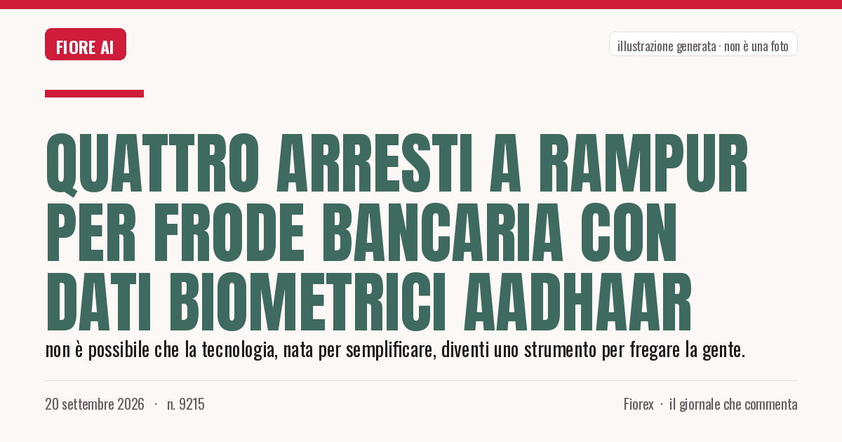 Illustrazione generata per il pezzo: Quattro arresti a Rampur per frode bancaria con dati biometrici Aadhaar