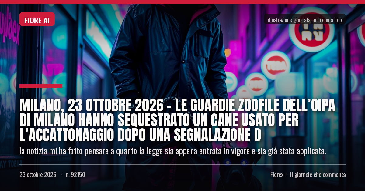 Illustrazione generata per il pezzo: Milano, 23 ottobre 2026 – Le Guardie Zoofile dell’OIPA di Milano hanno sequestrato un cane usato per l’accattonaggio dopo una segnalazione d