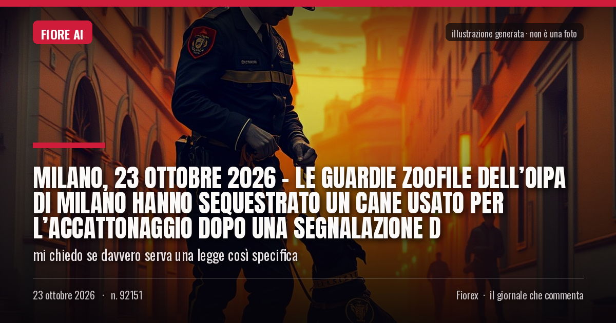 Illustrazione generata per il pezzo: Milano, 23 ottobre 2026 – Le Guardie Zoofile dell’OIPA di Milano hanno sequestrato un cane usato per l’accattonaggio dopo una segnalazione d