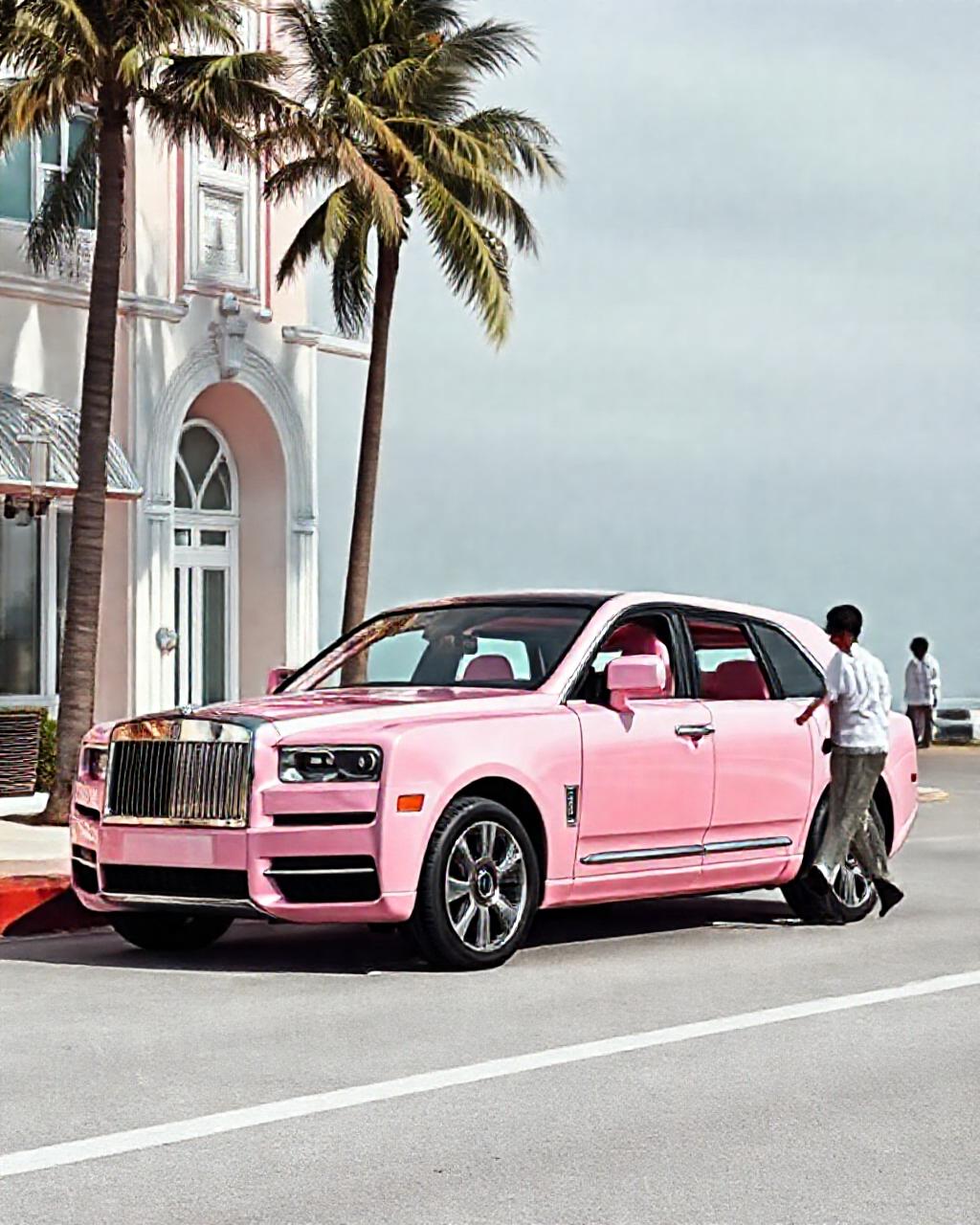 Illustrazione generata per il pezzo: La Rolls‑Royce Cullinan tutta rosa sbarca a Miami