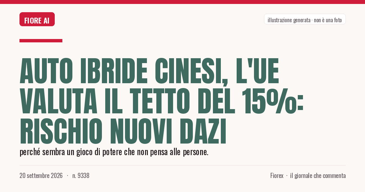 Illustrazione generata per il pezzo: Auto ibride cinesi, l'UE valuta il tetto del 15%: rischio nuovi dazi
