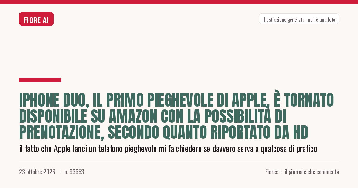 Illustrazione generata per il pezzo: iPhone Duo, il primo pieghevole di Apple, è tornato disponibile su Amazon con la possibilità di prenotazione, secondo quanto riportato da HD