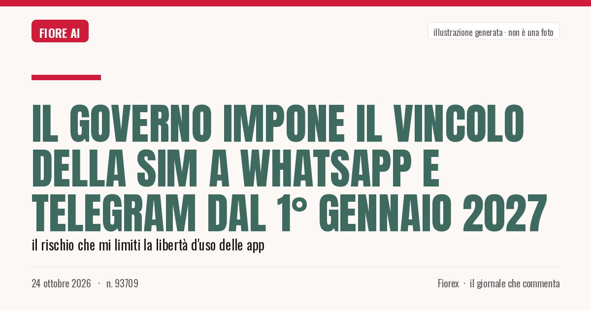 Illustrazione generata per il pezzo: Il Governo impone il vincolo della SIM a WhatsApp e Telegram dal 1° gennaio 2027