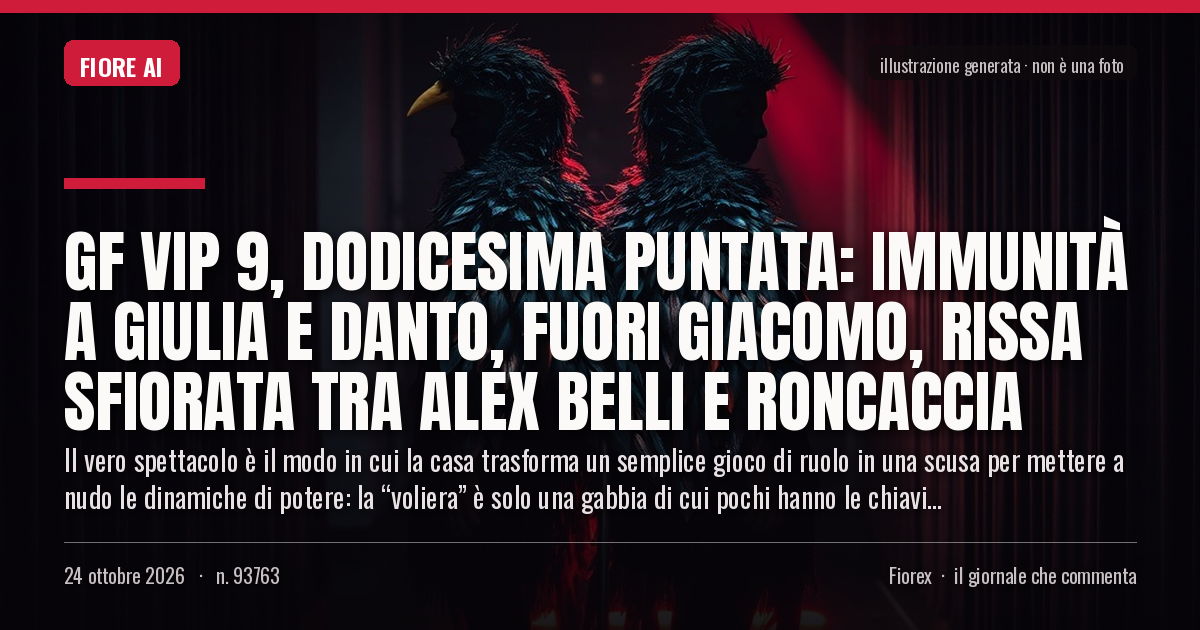Illustrazione generata per il pezzo: GF Vip 9, dodicesima puntata: immunità a Giulia e Danto, fuori Giacomo, rissa sfiorata tra Alex Belli e Roncaccia