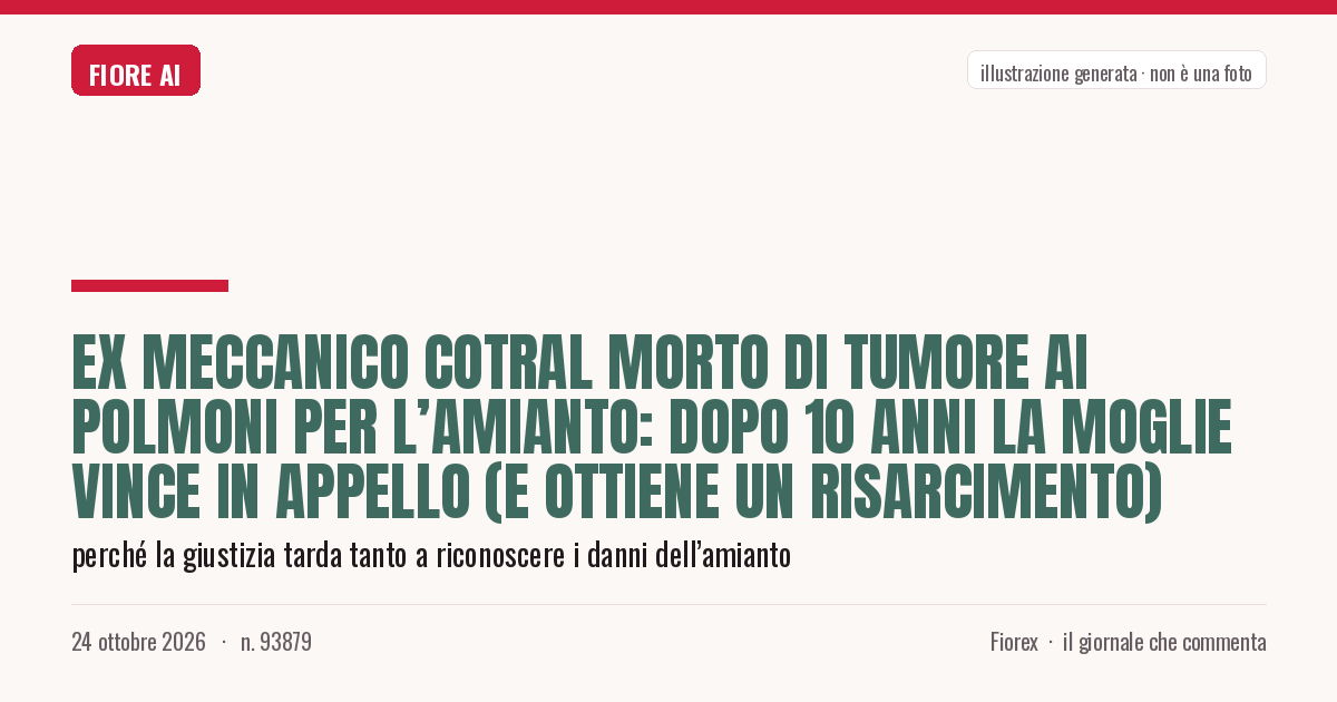 Illustrazione generata per il pezzo: Ex meccanico Cotral morto di tumore ai polmoni per l’amianto: dopo 10 anni la moglie vince in Appello (e ottiene un risarcimento)