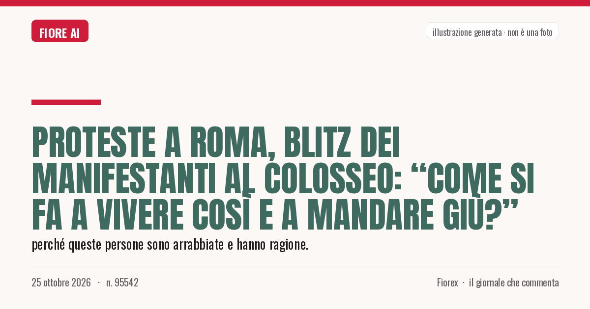 Illustrazione generata per il pezzo: Proteste a Roma, blitz dei manifestanti al Colosseo: “Come si fa a vivere così e a mandare giù?”