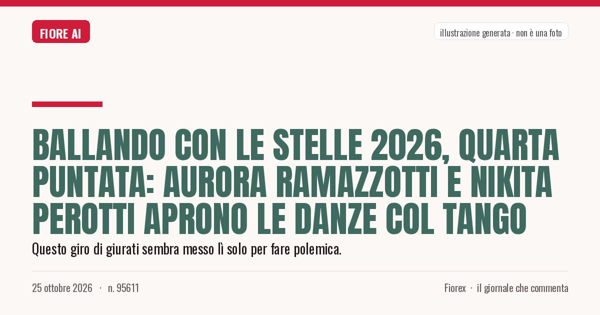 Illustrazione generata per il pezzo: Ballando con le Stelle 2026, quarta puntata: Aurora Ramazzotti e Nikita Perotti aprono le danze col tango