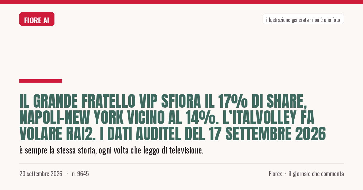 Illustrazione generata per il pezzo: Il Grande Fratello Vip sfiora il 17% di Share, Napoli-New York vicino al 14%. L’Italvolley fa volare Rai2. I dati Auditel del 17 Settembre 2026