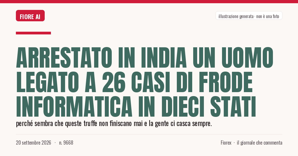 Illustrazione generata per il pezzo: Arrestato in India un uomo legato a 26 casi di frode informatica in dieci stati