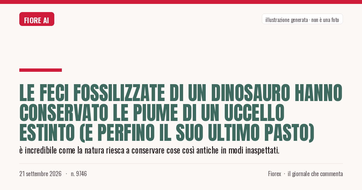 Illustrazione generata per il pezzo: Le feci fossilizzate di un dinosauro hanno conservato le piume di un uccello estinto (e perfino il suo ultimo pasto)