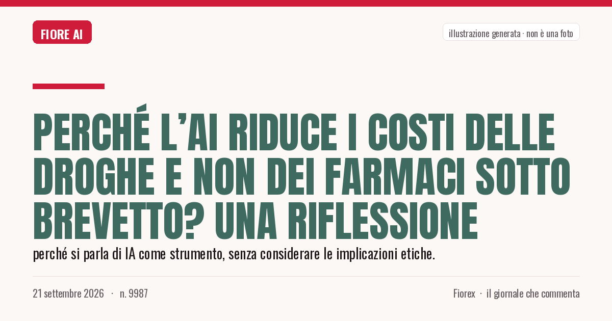 Illustrazione generata per il pezzo: Perché l’Ai riduce i costi delle droghe e non dei farmaci sotto brevetto? Una riflessione
