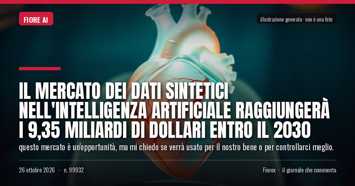 Illustrazione generata per il pezzo: Il mercato dei dati sintetici nell'intelligenza artificiale raggiungerà i 9,35 miliardi di dollari entro il 2030